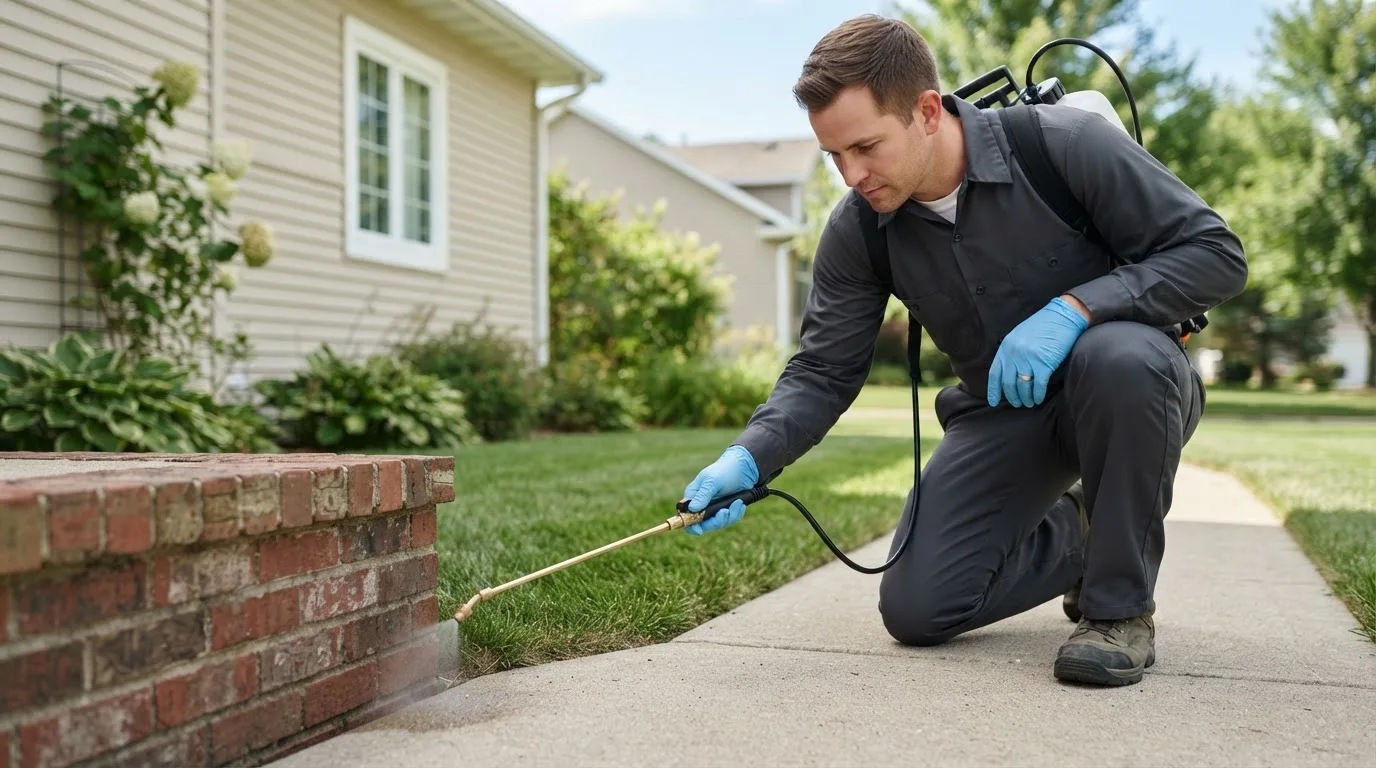 Pest control technician treating a home near Stevensville, VA