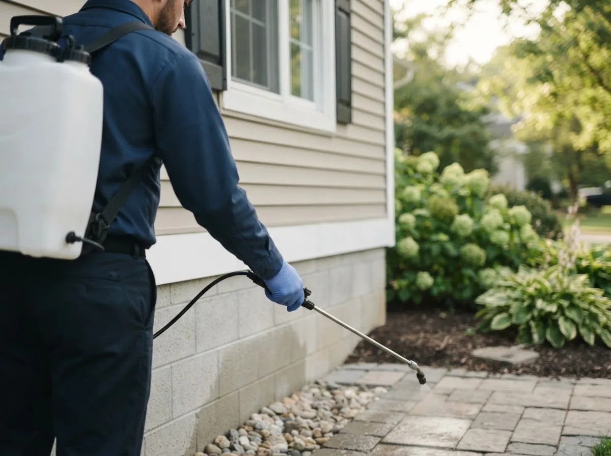 Pest control technician inspecting a home in Stevensville, VA